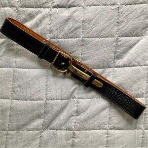 Vintage 1960s Roger Van S Custom Black Pebbled Leather Brass Belt, small